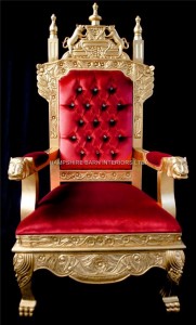 HUGE TUDOR THRONE CHAIR IN GOLD LEAF AND RED VELVET WITH CRYSTAL BUTTONS