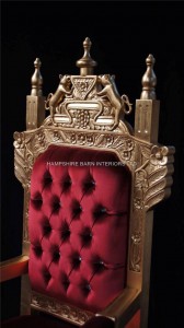 HUGE TUDOR THRONE CHAIR IN GOLD LEAF AND RED VELVET WITH CRYSTAL BUTTONS.3