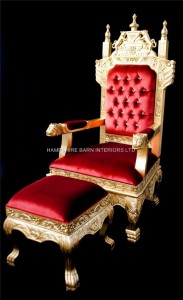 HUGE TUDOR THRONE CHAIR IN GOLD LEAF AND RED VELVET WITH CRYSTAL BUTTONS.4