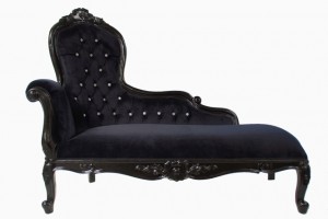 Brand new in Elegance chaise longue shown in black gloss frame with black velvet and crytsal buttons 