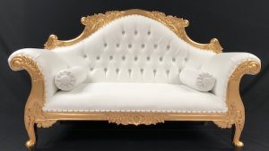 CHARLES LOUIS CUDDLER LOVE SEAT CHAISE SOFA in GOLD LEAF frame with WHITE FAUX LEATHER AND CRYSTAL BUTTONS